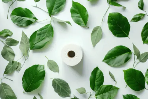 Rollo de papel higiénico blanco rodeado de hojas verdes, símbolo de un papel ecológico y biodegradable